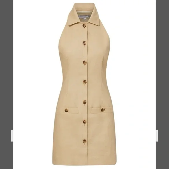 Veronica Beard Roxanne Linen Blend Button-Up Minidress in Stone Khaki Size 14